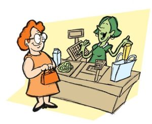 teckning av en kvinna som handlar i kassan i en livsmedelsbutik