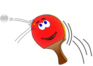 ett tecknat rött pingisracket med glada ögon och mun